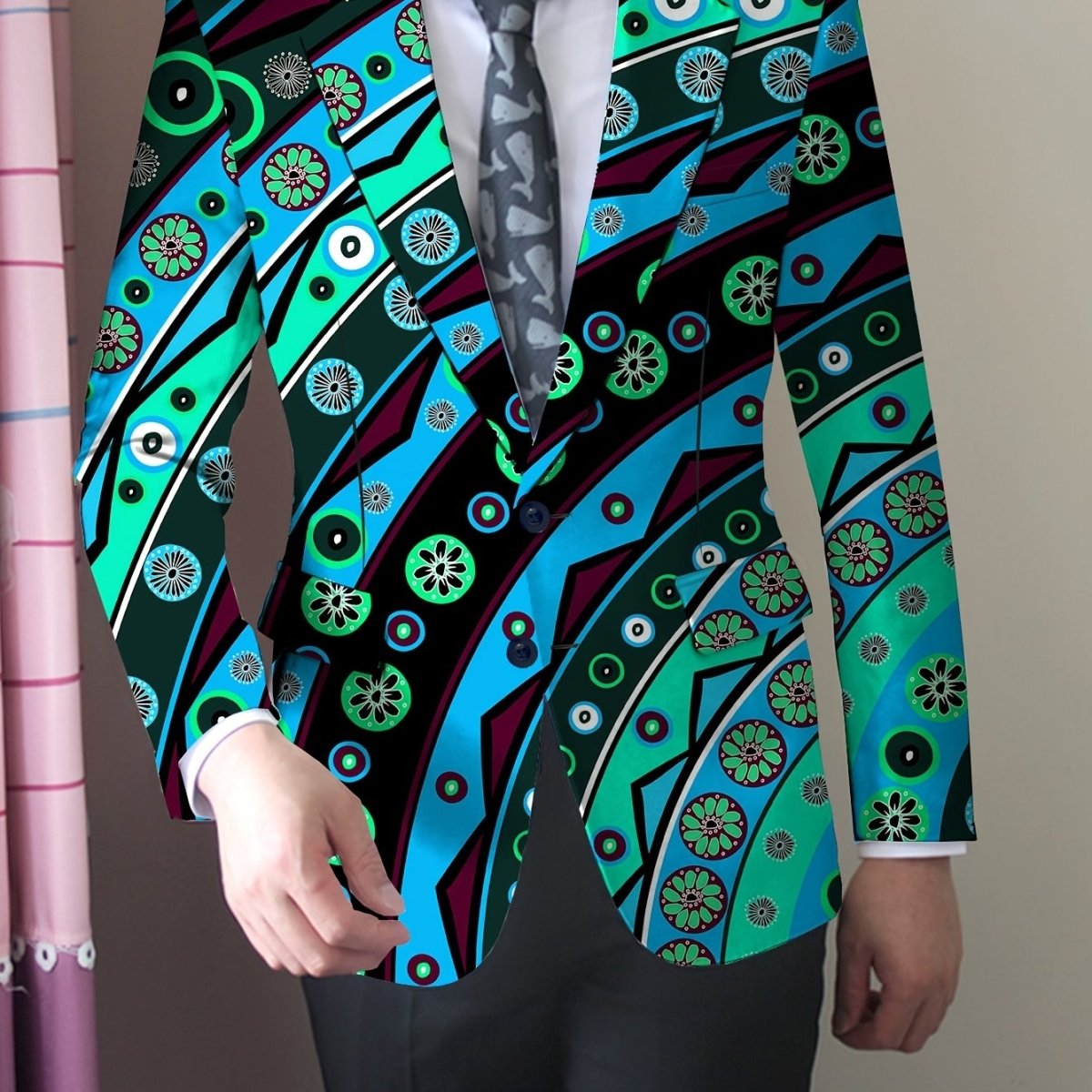 Men'S Trendy Polyester Blazer, 95% Polyester 5% Elastane, All - Season Skinny Fit, Mature Lapel Collar, Woven Fabric, 280g/m² Weight, Button Detail, Regular Fit Jacket - SHOWLU FASHION STORE