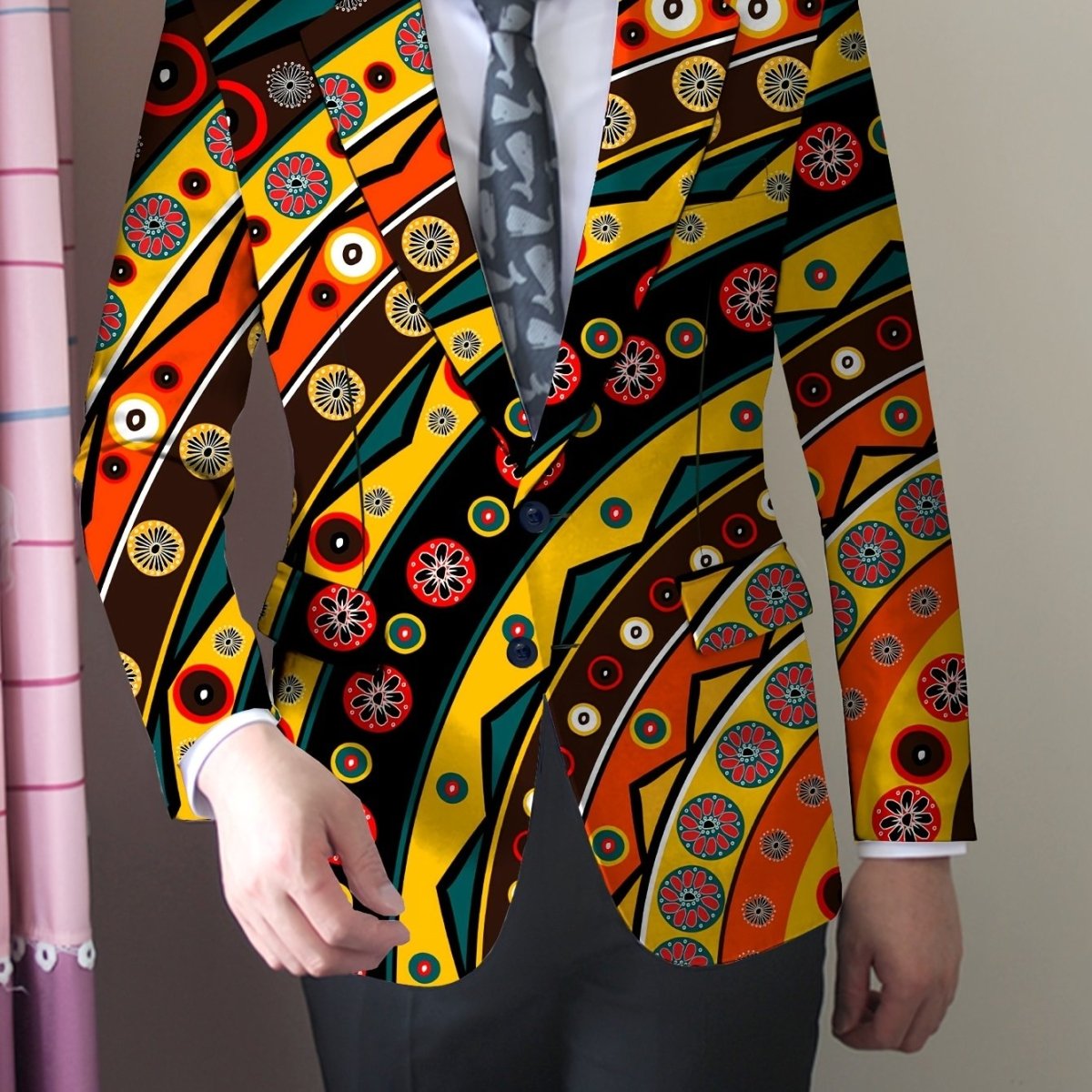Men'S Trendy Polyester Blazer, 95% Polyester 5% Elastane, All - Season Skinny Fit, Mature Lapel Collar, Woven Fabric, 280g/m² Weight, Button Detail, Regular Fit Jacket - SHOWLU FASHION STORE
