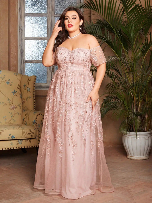 Mgiacy plus size Line neck short sleeve romantic embroidered lace long skirt Evening gown ball dress Party dress - SHOWLU FASHION STORE