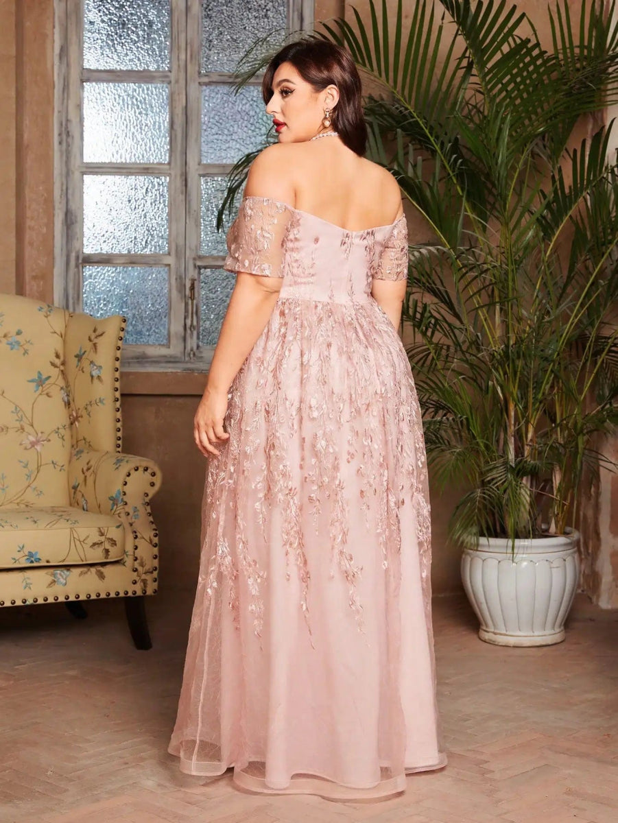 Mgiacy plus size Line neck short sleeve romantic embroidered lace long skirt Evening gown ball dress Party dress - SHOWLU FASHION STORE