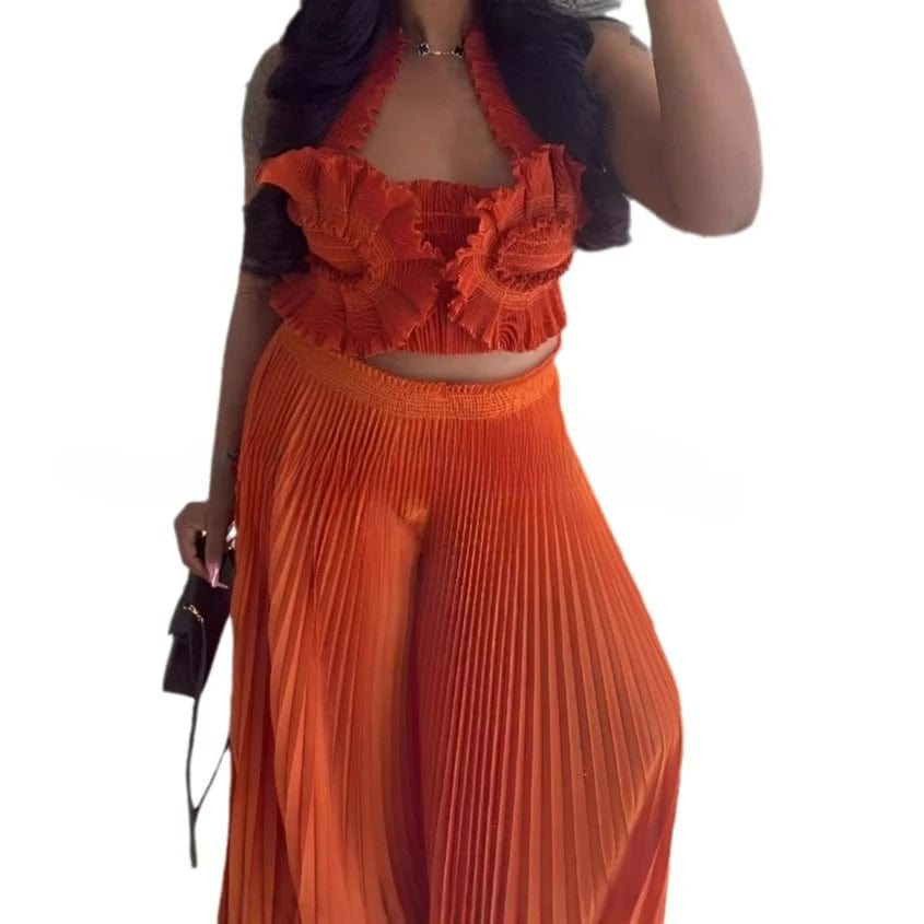 Miyake Pleated New Sexy Suspender V - neck Top Large Skirt Trousers Set Fashionable Solid Color Two Piece Sets Womens Outifits - SHOWLU FASHION STORE