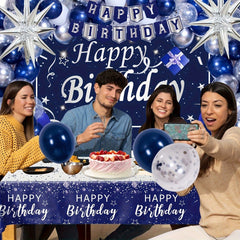 Navy Blue Birthday Decorations For Men Women, 80pcs Blue And Silvery Party Decorations, Happy Birthday Backdrop Banner Party Supplies Blue Silvery Confetti Star Balloons Arch Tablecloth - SHOWLU FASHION STORE