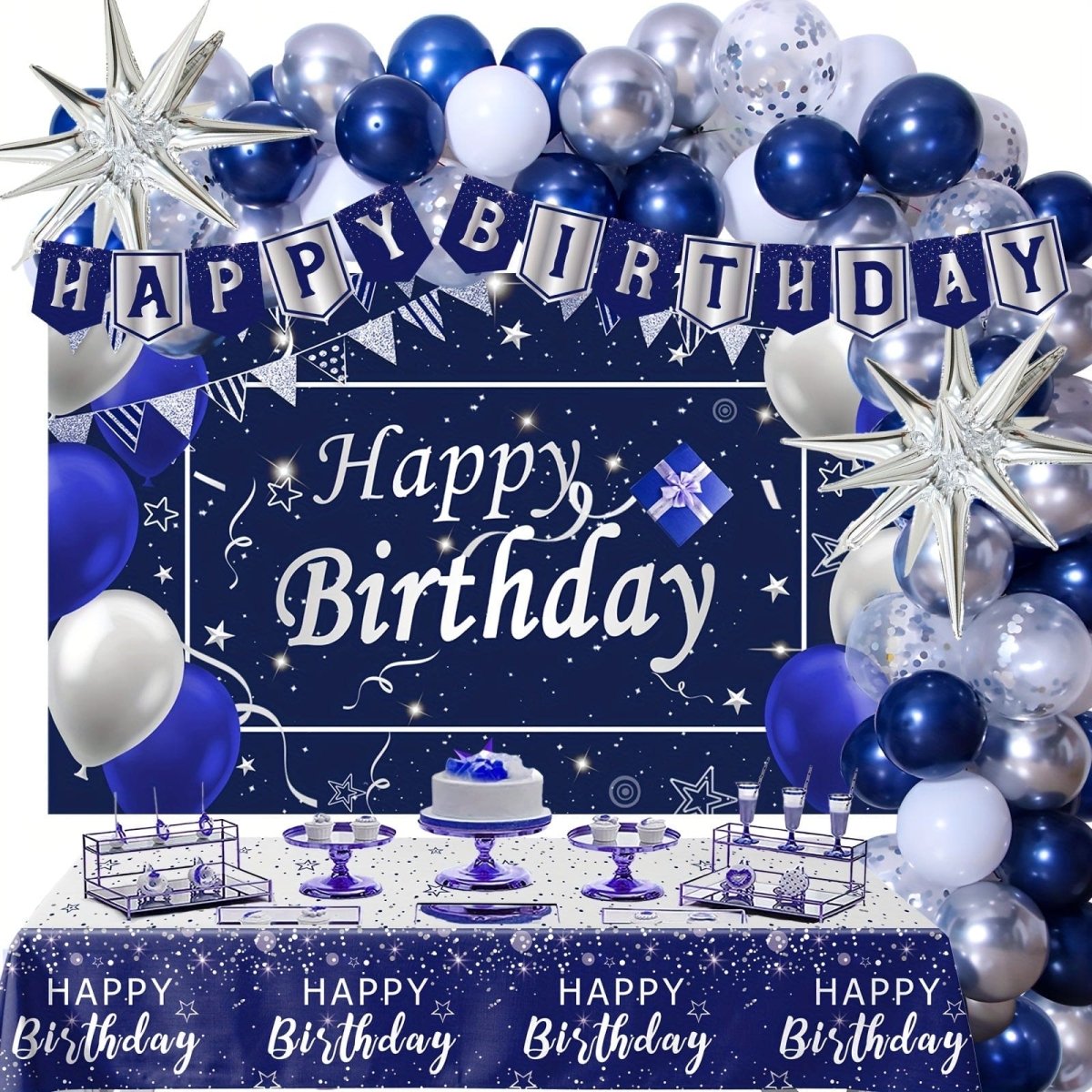 Navy Blue Birthday Decorations For Men Women, 80pcs Blue And Silvery Party Decorations, Happy Birthday Backdrop Banner Party Supplies Blue Silvery Confetti Star Balloons Arch Tablecloth - SHOWLU FASHION STORE