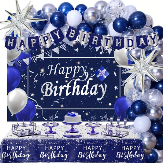 Navy Blue Birthday Decorations For Men Women, 80pcs Blue And Silvery Party Decorations, Happy Birthday Backdrop Banner Party Supplies Blue Silvery Confetti Star Balloons Arch Tablecloth - SHOWLU FASHION STORE