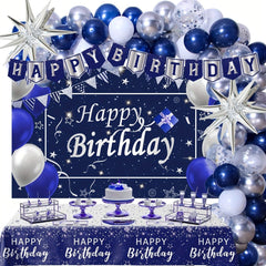 Navy Blue Birthday Decorations For Men Women, 80pcs Blue And Silvery Party Decorations, Happy Birthday Backdrop Banner Party Supplies Blue Silvery Confetti Star Balloons Arch Tablecloth - SHOWLU FASHION STORE