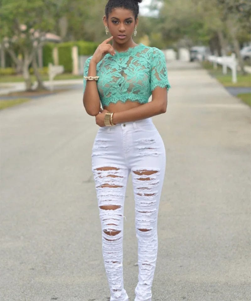 New Designer Denim Women 2022 High Waist Ripped Jeans for Women Skinny Black White Jeans Woman Elastic Slim Jean Female Femme - SHOWLU FASHION STORE