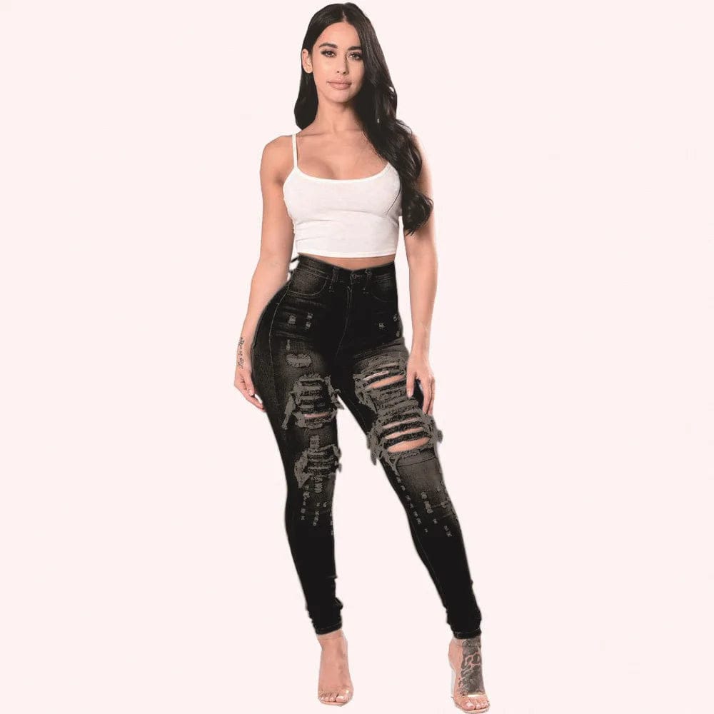 New Designer Denim Women 2022 High Waist Ripped Jeans for Women Skinny Black White Jeans Woman Elastic Slim Jean Female Femme - SHOWLU FASHION STORE