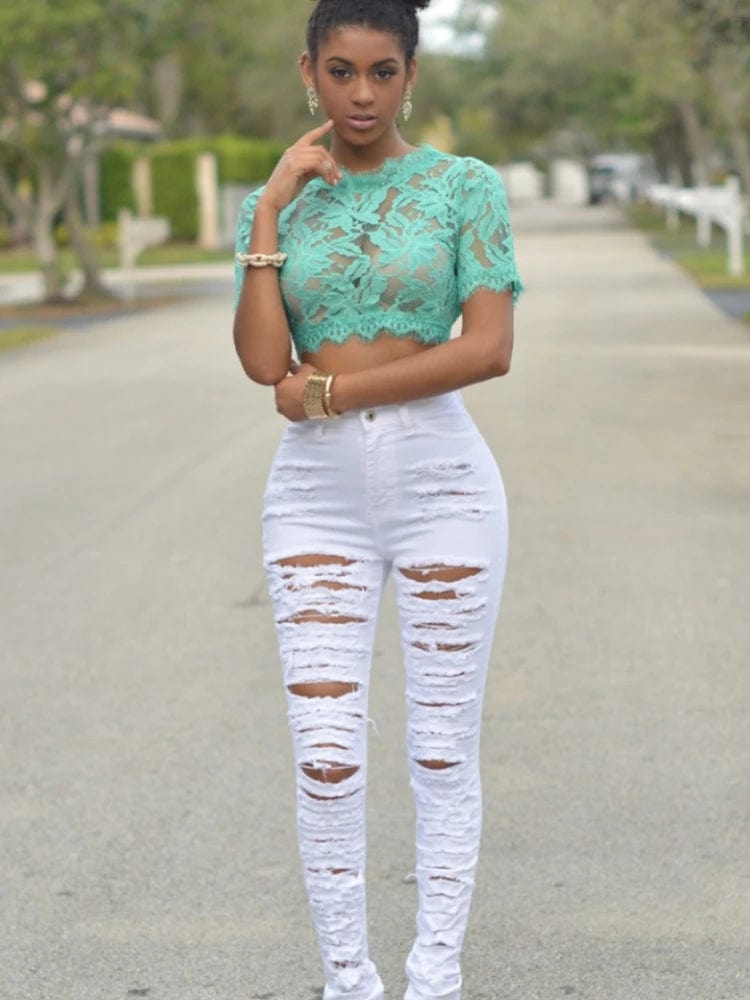 New Designer Denim Women 2022 High Waist Ripped Jeans for Women Skinny Black White Jeans Woman Elastic Slim Jean Female Femme - SHOWLU FASHION STORE