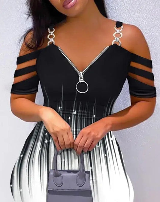 New Fashion 2023 Summer Casual Sexy Colorblock Cold Shoulder Bodycon Skinny Mini Dress Elegant Dresses for Women - SHOWLU FASHION STORE