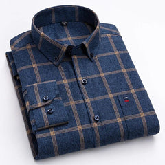 New in shirtplus size 7XL 100%cotton sanding long - sleeve shirts for men slim fit plain shirt striped plaid single pocket clothes - SHOWLU FASHION STORE