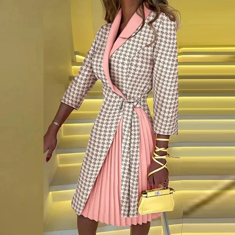 New Three Quarter Sleeve Plaid Printing Party Dress V - Neck Women Office Lady Autumn Ladies Dress Fashion Streetwear Dropshipping - SHOWLU FASHION STORE
