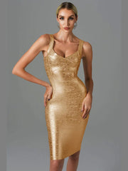 New Women Summer Style Sexy Sleeveless Backless Gold Silver Bronzing Midi Bodycon Bandage Dress 2022 Elegant Evening Party Dress - SHOWLU FASHION STORE