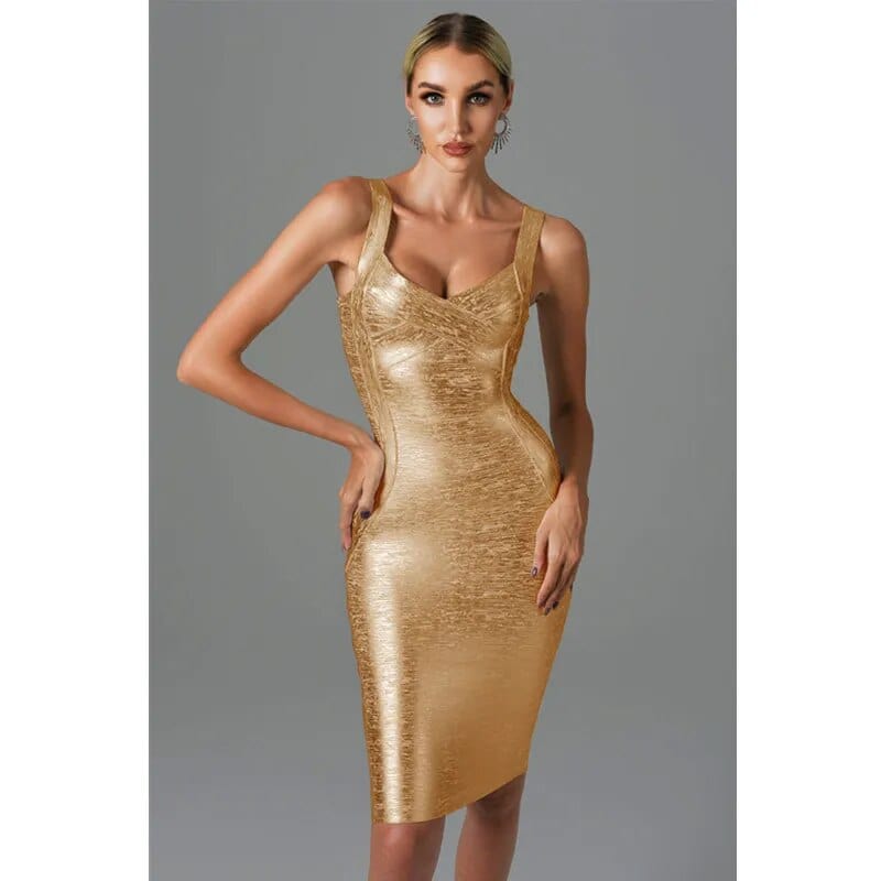 New Women Summer Style Sexy Sleeveless Backless Gold Silver Bronzing Midi Bodycon Bandage Dress 2022 Elegant Evening Party Dress - SHOWLU FASHION STORE