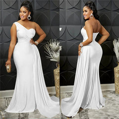 Oblique Shoulder Slim Fit Floor Skirt Pure Color Slim - Fit Oblique Shoulder Mop Dress - SHOWLU FASHION STORE