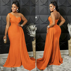 Oblique Shoulder Slim Fit Floor Skirt Pure Color Slim - Fit Oblique Shoulder Mop Dress - SHOWLU FASHION STORE