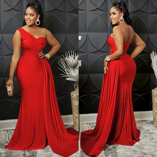 Oblique Shoulder Slim Fit Floor Skirt Pure Color Slim - Fit Oblique Shoulder Mop Dress - SHOWLU FASHION STORE