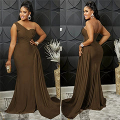 Oblique Shoulder Slim Fit Floor Skirt Pure Color Slim - Fit Oblique Shoulder Mop Dress - SHOWLU FASHION STORE