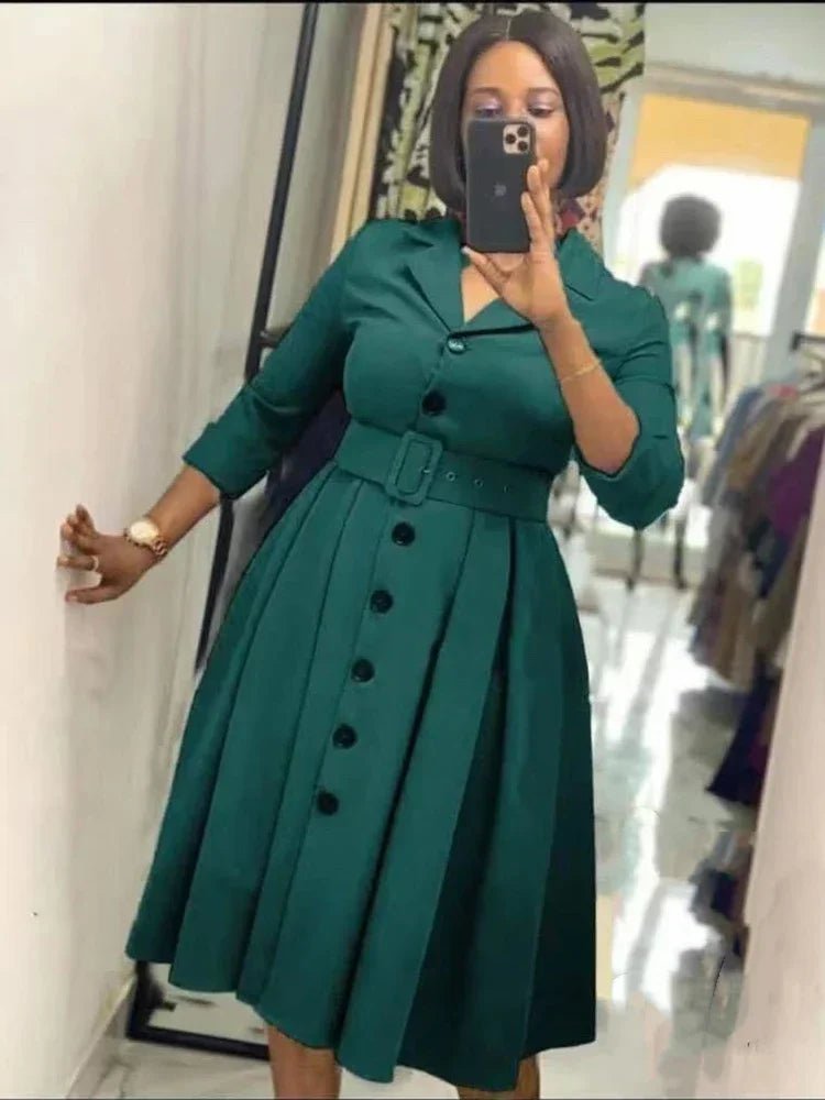 Office Dresses for Women Long Sleeve Button Down Notched Lapel Waist Belt A Line Midi Dresses Elegant Work Business Church Wear - SHOWLU FASHION STORE