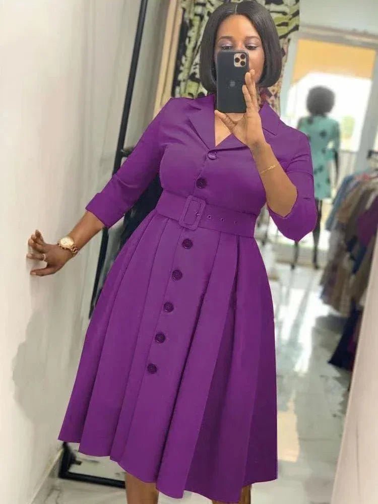 Office Dresses for Women Long Sleeve Button Down Notched Lapel Waist Belt A Line Midi Dresses Elegant Work Business Church Wear - SHOWLU FASHION STORE