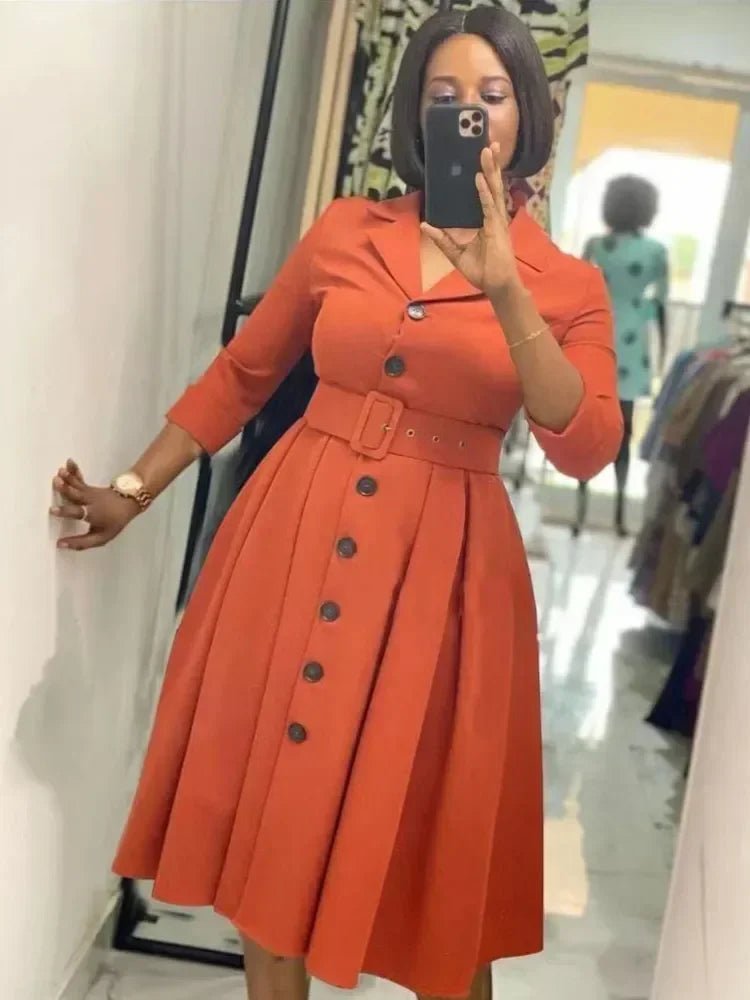 Office Dresses for Women Long Sleeve Button Down Notched Lapel Waist Belt A Line Midi Dresses Elegant Work Business Church Wear - SHOWLU FASHION STORE