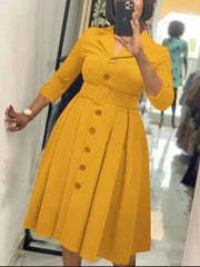 Office Dresses for Women Long Sleeve Button Down Notched Lapel Waist Belt A Line Midi Dresses Elegant Work Business Church Wear - SHOWLU FASHION STORE