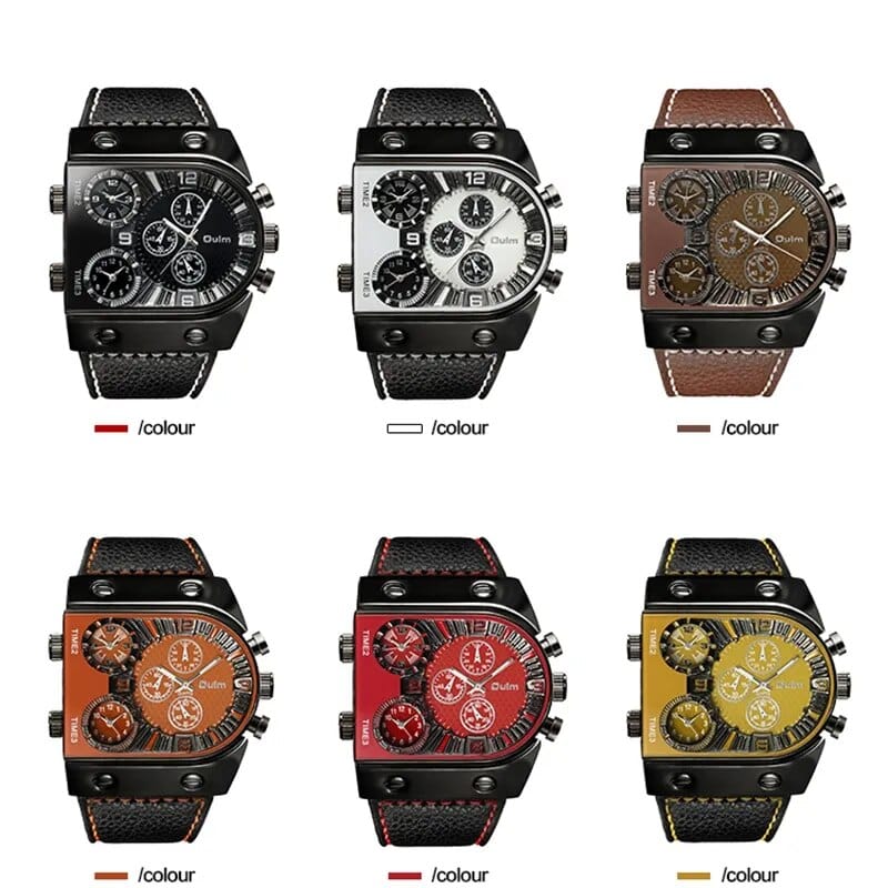 Oulm Watches Mens Quartz Casual Leather Strap Wristwatch Sports Multi - Time Zone Military Male Clock erkek saat Dropshipping - SHOWLU FASHION STORE