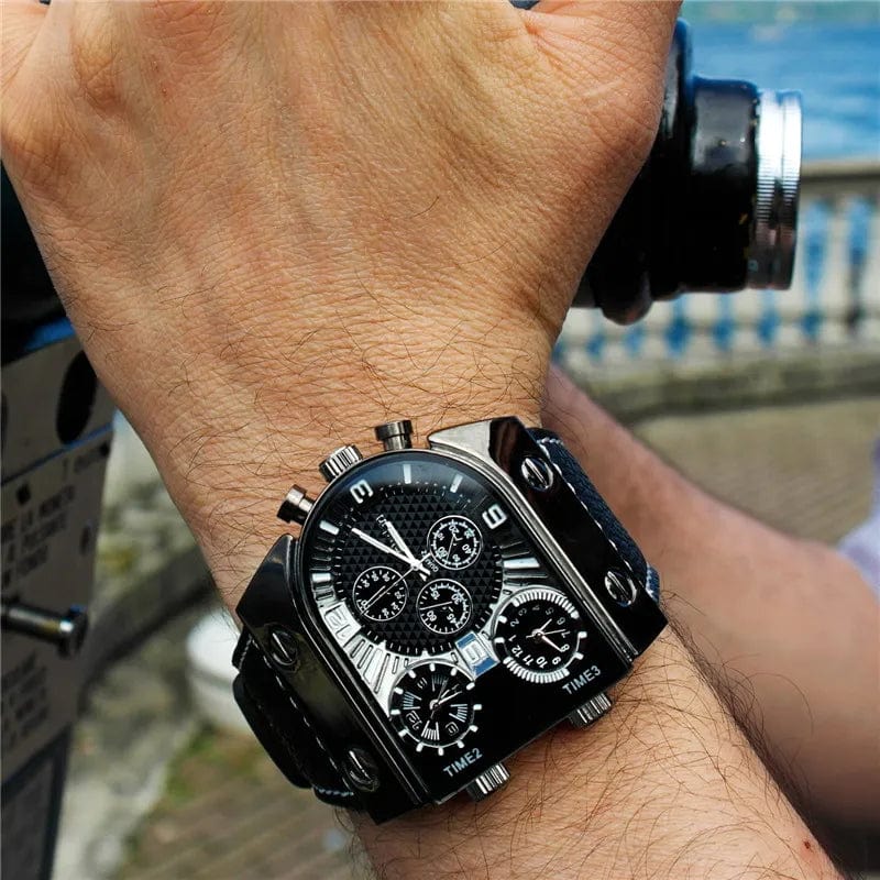 Oulm Watches Mens Quartz Casual Leather Strap Wristwatch Sports Multi - Time Zone Military Male Clock erkek saat Dropshipping - SHOWLU FASHION STORE