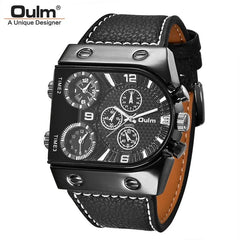 Oulm Watches Mens Quartz Casual Leather Strap Wristwatch Sports Multi - Time Zone Military Male Clock erkek saat Dropshipping - SHOWLU FASHION STORE