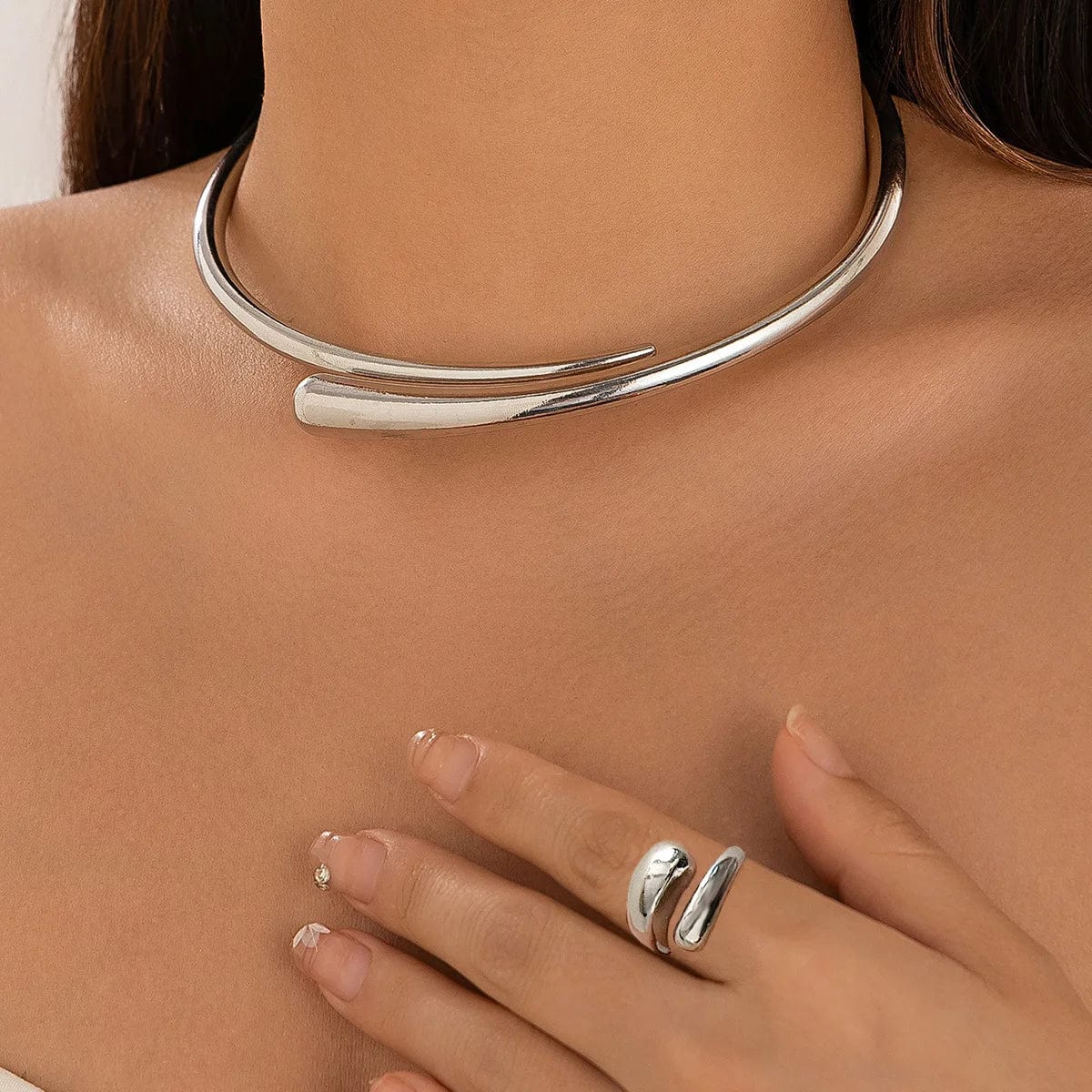 Personalized Spring Open Necklaces Bangles Rings Set For Women Punk Geometric Gold Silver Color Metal New Hip Hop Jewelry Set - SHOWLU FASHION STORE