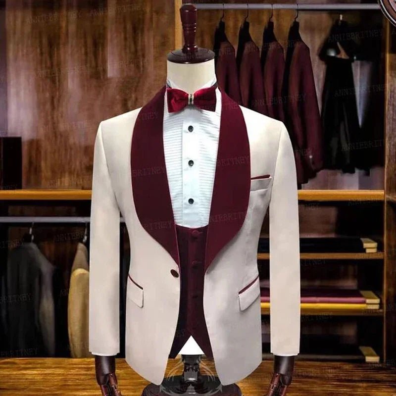 Pink Men's Slim Fit Suits with Burgundy Velvet Lapel 3 Pieces Formal Wedding Groom Tuxedo for Dinner Prom Male Fashion Blazer - SHOWLU FASHION STORE