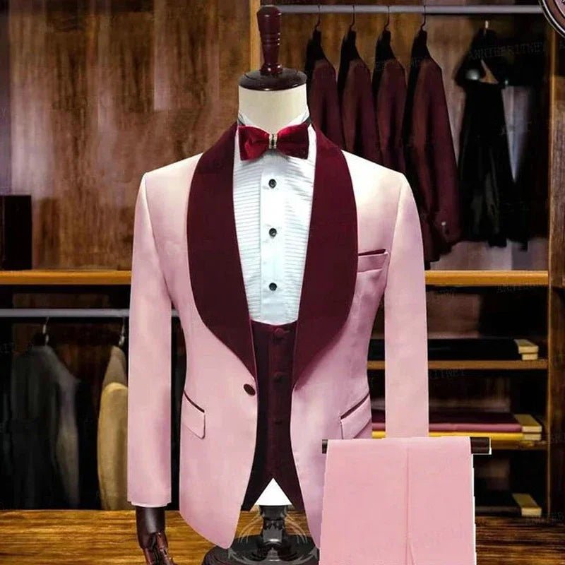 Pink Men's Slim Fit Suits with Burgundy Velvet Lapel 3 Pieces Formal Wedding Groom Tuxedo for Dinner Prom Male Fashion Blazer - SHOWLU FASHION STORE