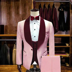 Pink Men's Slim Fit Suits with Burgundy Velvet Lapel 3 Pieces Formal Wedding Groom Tuxedo for Dinner Prom Male Fashion Blazer - SHOWLU FASHION STORE