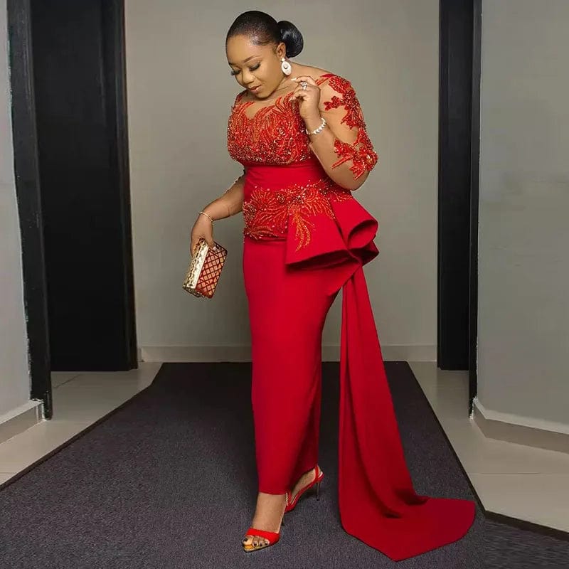 Plus Size Arabic Aso Ebi Prom Dresses Red Lace Appliques Sheer Long Sleeves Sheath Evening Gowns Sweep Train Women Party Dress - SHOWLU FASHION STORE