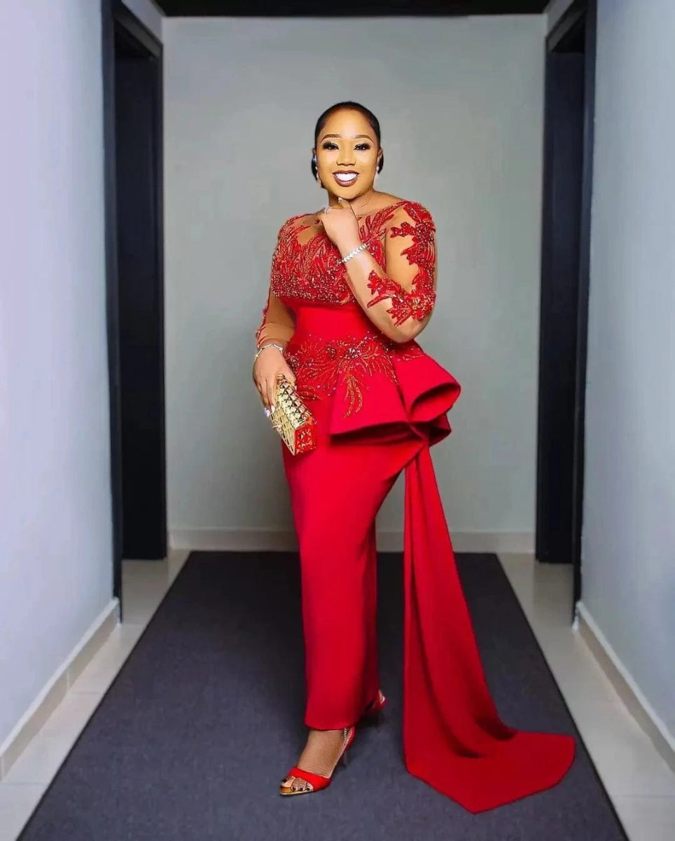 Plus Size Arabic Aso Ebi Prom Dresses Red Lace Appliques Sheer Long Sleeves Sheath Evening Gowns Sweep Train Women Party Dress - SHOWLU FASHION STORE
