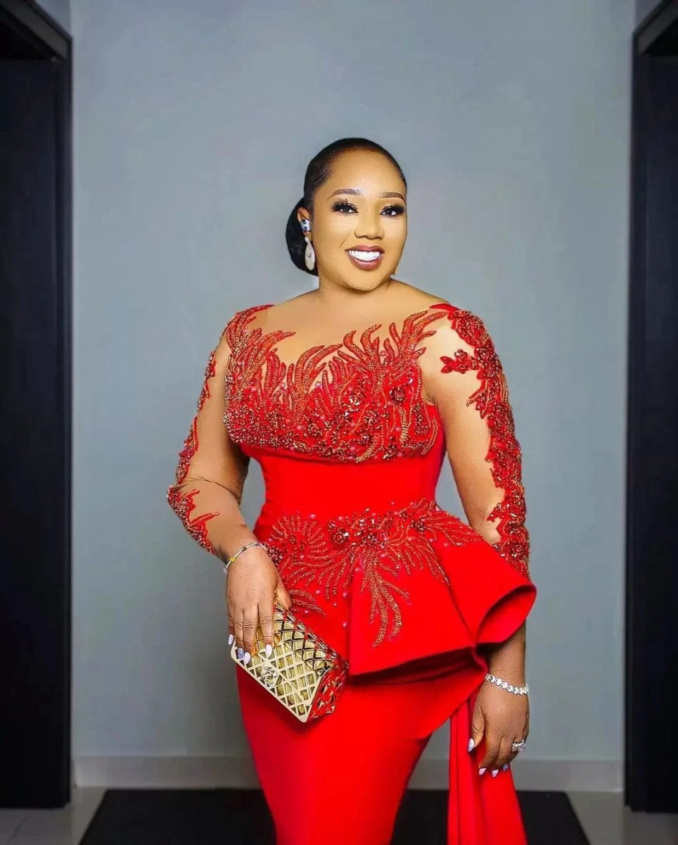 Plus Size Arabic Aso Ebi Prom Dresses Red Lace Appliques Sheer Long Sleeves Sheath Evening Gowns Sweep Train Women Party Dress - SHOWLU FASHION STORE