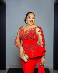 Plus Size Arabic Aso Ebi Prom Dresses Red Lace Appliques Sheer Long Sleeves Sheath Evening Gowns Sweep Train Women Party Dress - SHOWLU FASHION STORE