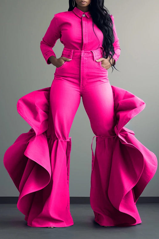 Plus Size Fashionable Women's Blue Jeans High Waist Ruffle Flared Casual Pink Denim Pants Spring Black Skinny Pants - SHOWLU FASHION STORE