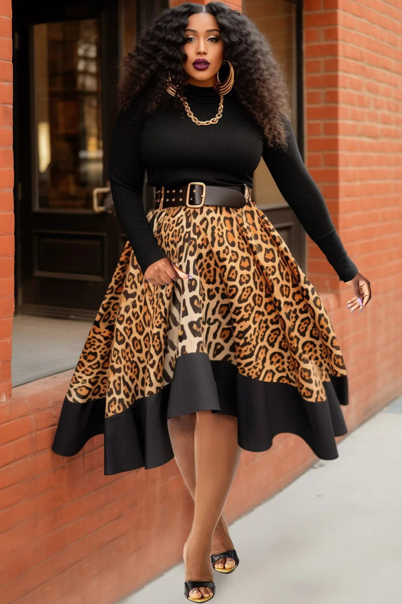 Plus Size Formal Black Leopard Round Neck Long Sleeve Irregular Hem Fall Winter Knitted Party Midi Dresses - SHOWLU FASHION STORE