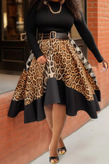 Plus Size Formal Black Leopard Round Neck Long Sleeve Irregular Hem Fall Winter Knitted Party Midi Dresses - SHOWLU FASHION STORE