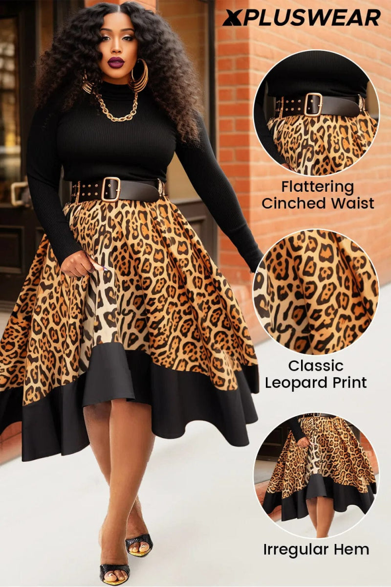 Plus Size Formal Black Leopard Round Neck Long Sleeve Irregular Hem Fall Winter Knitted Party Midi Dresses - SHOWLU FASHION STORE