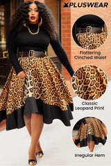 Plus Size Formal Black Leopard Round Neck Long Sleeve Irregular Hem Fall Winter Knitted Party Midi Dresses - SHOWLU FASHION STORE