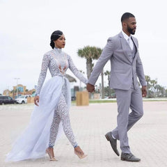 Plus Size Jumpsuits Wedding Dresses Bridal Gowns High Neck Beading Long Sleeve Bride Wear With Detachable Train 2023 - SHOWLU FASHION STORE