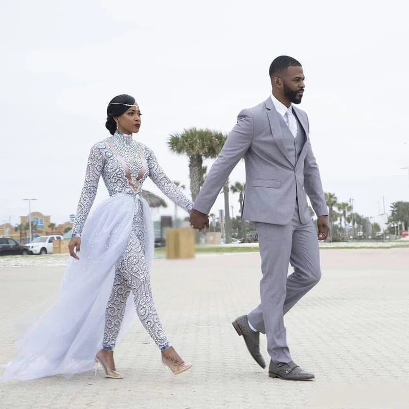 Plus Size Jumpsuits Wedding Dresses Bridal Gowns High Neck Beading Long Sleeve Bride Wear With Detachable Train 2023 - SHOWLU FASHION STORE