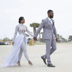 Plus Size Jumpsuits Wedding Dresses Bridal Gowns High Neck Beading Long Sleeve Bride Wear With Detachable Train 2023 - SHOWLU FASHION STORE
