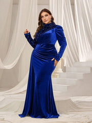 Plus size round neck velvet floor - length evening dress 4XL 5XL Big Size velvet long floor - length Prom Gown Women - SHOWLU FASHION STORE