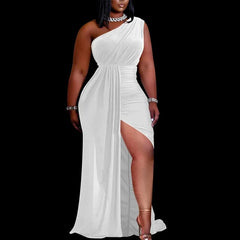Plus Size Women Black Party Dress Elegant One Shoulder Pleated Evening Dress with High Slits Long Spring Summer Dress 2024 - SHOWLU FASHION STORE