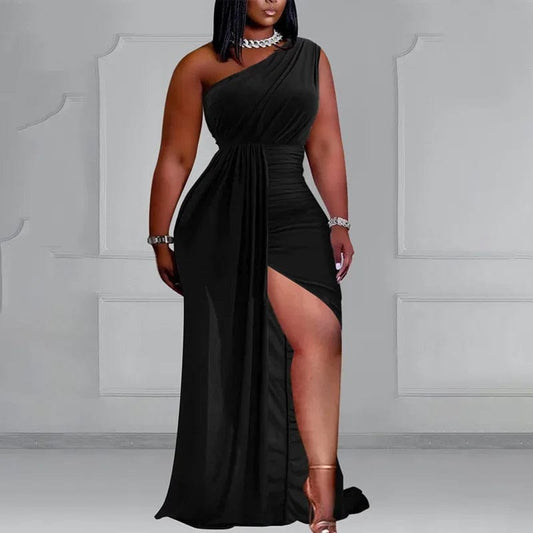 Plus Size Women Black Party Dress Elegant One Shoulder Pleated Evening Dress with High Slits Long Spring Summer Dress 2024 - SHOWLU FASHION STORE