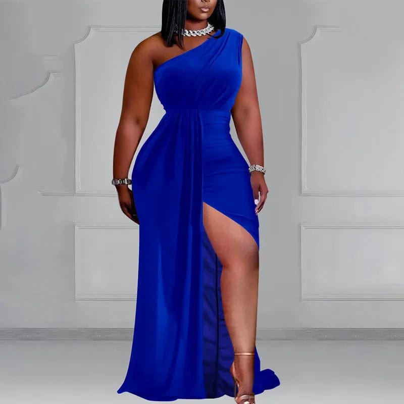 Plus Size Women Black Party Dress Elegant One Shoulder Pleated Evening Dress with High Slits Long Spring Summer Dress 2024 - SHOWLU FASHION STORE