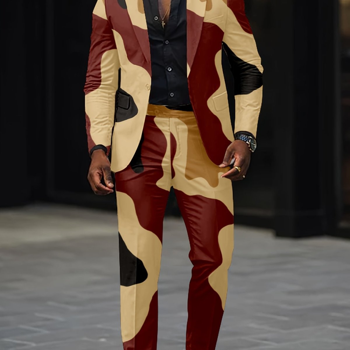 Polyester Slim Fit Party Suit for Men, Fall/Winter Long Sleeve Lapel Collar with Regular Sleeve and Non - Stretch Fabric, 2pcs Set with Digital Random Print Pattern, Laser Cut Printed Jacket and Pants for Hip Hop Outerwear and - SHOWLU FASHION STORE