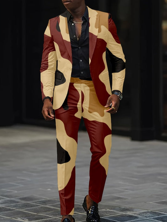 Polyester Slim Fit Party Suit for Men, Fall/Winter Long Sleeve Lapel Collar with Regular Sleeve and Non - Stretch Fabric, 2pcs Set with Digital Random Print Pattern, Laser Cut Printed Jacket and Pants for Hip Hop Outerwear and - SHOWLU FASHION STORE